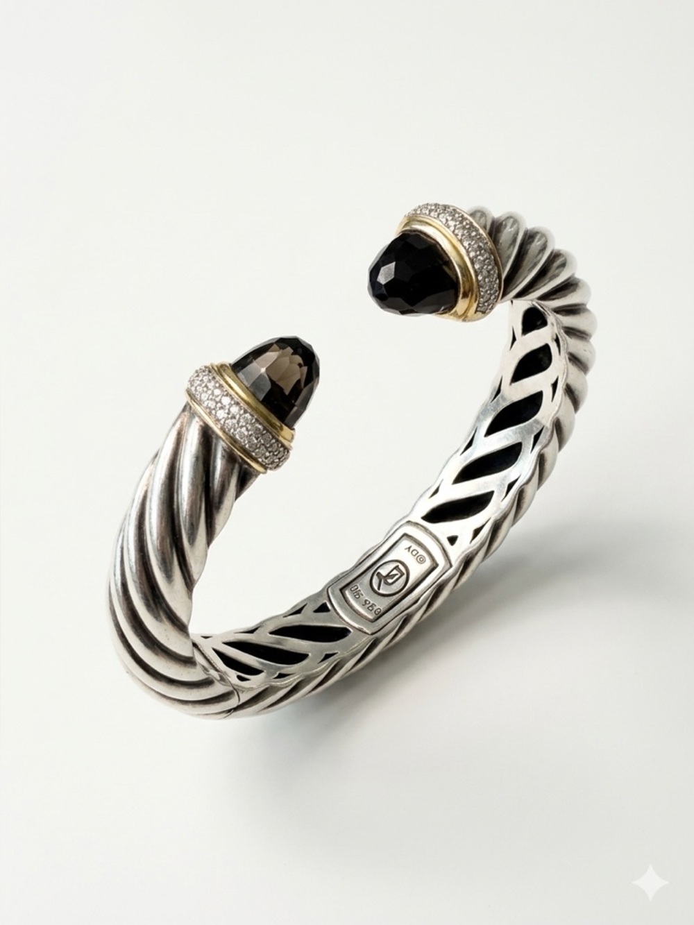 David Yurman Silver & Gold 15mm Waverly Smoky Quartz Diamond Cuff Bracelet